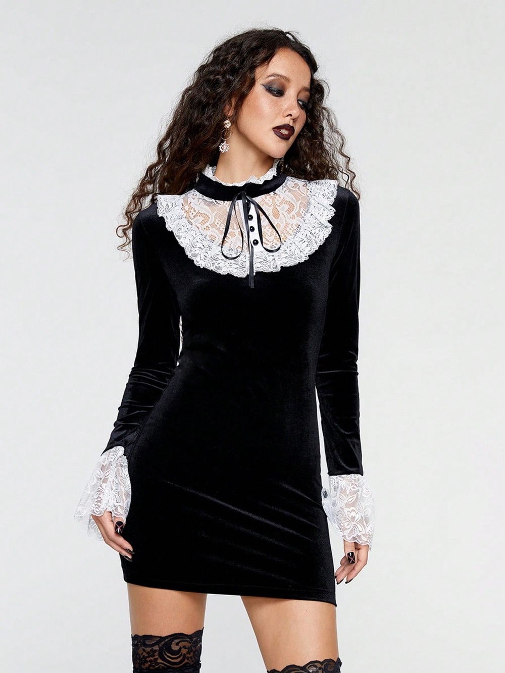 Gothic Velvet Lace Collar Long Sleeve Mini Dress 🥀